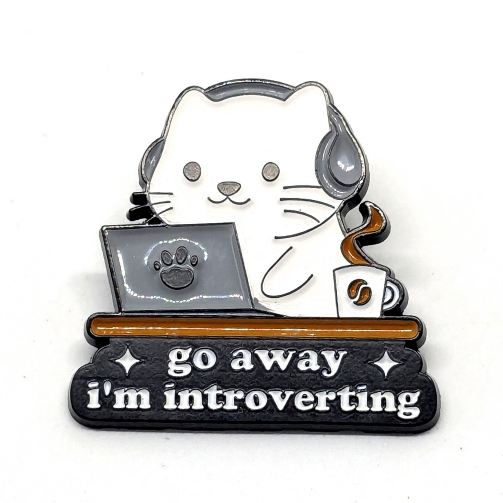 "Go Away I'm Introverting" Cat with Headphones, Coffee and Computer Pin